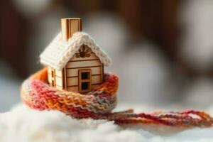 Winter miniature wooden house decor. Generate Ai photo