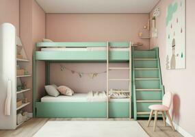 Kids bedroom interior bed. Generate Ai photo