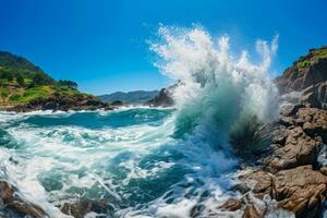 Ocean waves crash onto the shore forming breaks of water photo