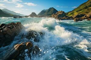 Ocean waves crash onto the shore forming breaks of water photo