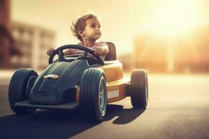 Small boy riding car speed. Generate Ai photo