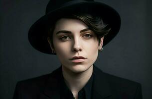 Androgynous person with hat. Generate Ai photo