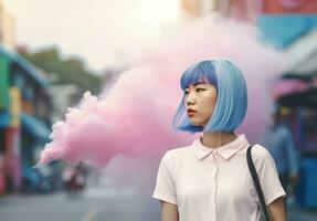 Asian woman blue hair. Generate Ai photo