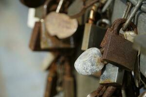 Many Rusty Padlocks Closed on Bridge Fence - Love Concept photo