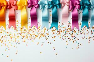 Shimmering confetti ribbons with shiny gratitude text on white backdrop photo