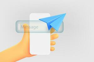 Man holding mobile phone and sending the message. 3d vector illustration