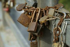 Many Rusty Padlocks Closed on Bridge Fence - Love Concept photo