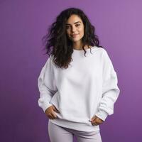 A young woman wearing a white sweatshirt mockup, at purple background, AI-generated photo