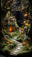 Halloween forest scene with a hidden clearing adorned with pumpkins and spider webs, soft moonlight filtering through dense trees, a gentle breeze carrying the scent of fallen leaves, AI generated photo