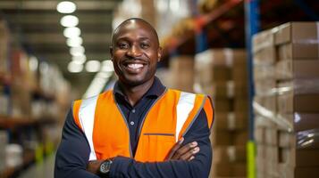 man standing in a warehouse black African man employee blurred background, AI generated photo