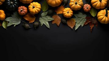 Autumn decoration concept made from autumn leaves and pumpkin on dark background, AI generated photo
