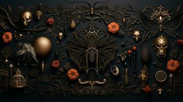 a Mystery Halloween background with pumpkins spiderwebs skeletons, and spiders on a black background Flat lay top view copy space, AI generated photo