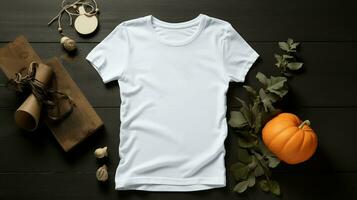 White women's t-shirt Halloween mockup with a mysterious dark background and a stylish arrangement of pumpkins and delicate autumn leaves, AI generated photo