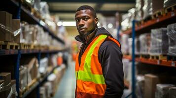 retrato de un contento almacén trabajador vistiendo un alta visibilidad chaqueta en pie en un brillante almacén con estantería lleno de cajas, ai generado foto