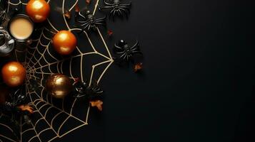 Halloween flat lay mockup of sleek spider webs, and elegant spiders against a dark background, AI generated photo