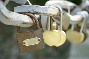 Many Padlocks Closed on Bridge Fence - Love Concept photo