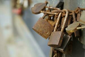 Many Rusty Padlocks Closed on Bridge Fence - Love Concept photo