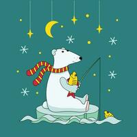 Cartoon polar bear. Winter season, arctic climate. A polar bear catches fish on an ice floe. vector