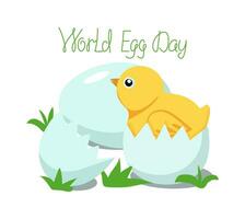 Chicken and eggs. World Egg Day. Eggshell. Calligraphy lettering. Vector illustration, background isolated.