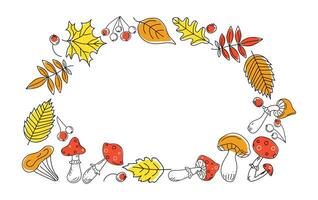 Autumn frame, border leaves, mushrooms and berries. Fly agaric, rowan branch, maple leaf, doodle, drawings, sketch. Black and white vector illustration on color spots. Background white isolated.