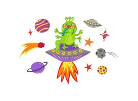 UFO, alien. Fantasy cartoon character. Alien from outer space, humor. Flying saucer, planets, comet, asteroid, spaceship. Space. vector