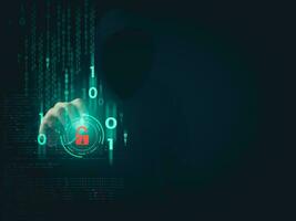Hacker is pointing a pen at a group of zeros on a dark background. Concept of information security in internet networks and espionage. Network espionage. Virus attack. Hacker attack. photo