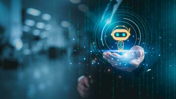 Businessman hand holding robot model and AI. Symbolic, Machine learning, artificial intelligence of futuristic technology, AI network of brains in business analytics. photo