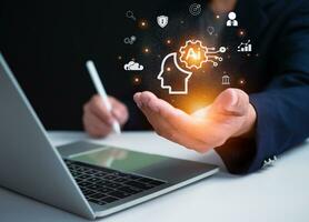 businessman holding brain of AI, Symbolic, Machine learning, artificial intelligence of futuristic technology, AI network of brain on business analysis, Information and communication networks. photo