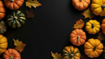 Halloween Autumn decoration concept made from autumn leaves and pumpkin on dark background, AI-generated photo