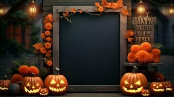 Halloween welcome signboard mockup with pumpkins and flowers. Blackboard with autumn holiday, AI generated photo