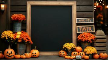 Halloween welcome signboard mockup featuring an intricately designed black board, AI generated photo