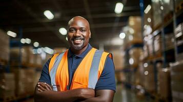 en un bullicioso depósito, un negro africano hombre vistiendo un alto visibilidad chaleco toma centrar escenario. él es rodeado por pilas de estantería lleno con un diverso formación de productos, ai generado foto