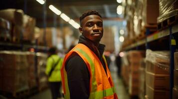 warehouse employee blurred background super realistic, AI generated photo