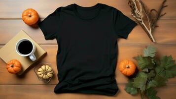 Black women's t-shirt Halloween mockup placed on a rustic wooden table, AI generated photo