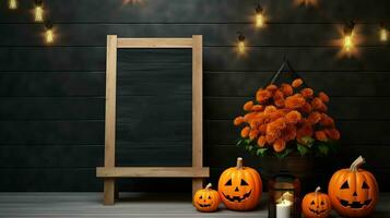 Halloween welcome signboard mockup with pumpkins and flowers. Black board with autumn holiday decoration, AI generated photo