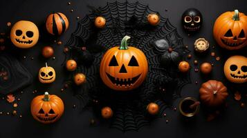 Halloween composition decorated pumpkins Autumn holiday with vibrant pumpkins spider, AI-generated photo