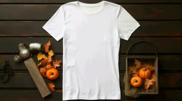 a top-down view of a Bella Canvas blank Halloween White color T-shirt mockup, AI generated photo