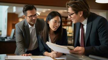 Beautiful Asian account manager, advisor, and lawyer engaging with a Latin client partner. Amidst stacks of tax and financial contract papers, they work harmoniously in an office, AI generated photo