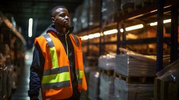 Amid the organized chaos of a warehouse, a black African worker donning a high visibility vest stands poised. The shelves stacked with merchandise serve as a backdrop, AI-generated photo