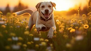 un perro dorado juguetón perdiguero corriendo en el prado, ai generado foto