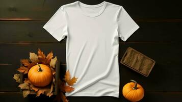 white women's t-shirt Halloween mockup presented on a sleek dark platform, surrounded by strategically placed pumpkins and leaves, AI generated photo