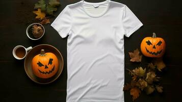 Halloween White women's t-shirt mockup with a mysterious dark background and a stylish arrangement of pumpkins and delicate autumn leaves and cup, AI generated photo