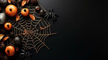 spiders against a dark Halloween flat lay mockup of the background, AI generated photo