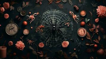 Halloween gothic style, spiders on webs, dark background, AI generated photo