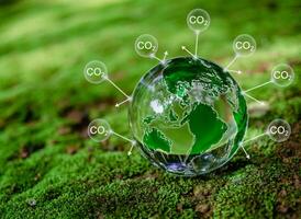 Crystal ball on moss in green forest. CO2 emission reduction concept, clean and friendly environment without carbon dioxide emissions. Planting trees to reduce CO2 emissions, photo