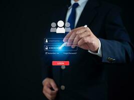 Businessman using pen to enter password at login screen. Represents protection from outside hacking. The concept of code protection. Viruses, firmware and malware. photo