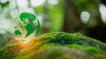 cristal pelota en musgo en verde bosque. ambiente concepto ecología y sostenible ambiente de el mundo. tierra día concepto. foto