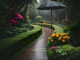 hermosa ver de el jardín con lluvia foto