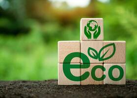 Wooden sticks stacked with ECO concept lettering on nature background. concept of future business growth for the environment. and design for reuse and renewable material resources photo