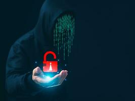 Hacker is holding a data protection sign on a dark background. Concept of information security in internet networks and espionage. photo